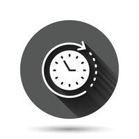 Clock icon in flat style. Watch vector illustration on black round background with long shadow effect. Timer circle button business concept.