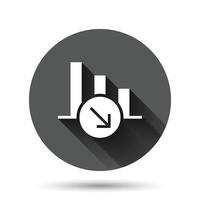 Market trend icon in flat style. Decline arrow with magnifier vector illustration on black round background with long shadow effect. Decrease circle button business concept.