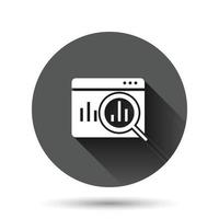 Market trend icon in flat style. Growth arrow with magnifier vector illustration on black round background with long shadow effect. Increase circle button business concept.