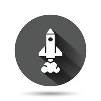 Rocket icon in flat style. Spaceship launch vector illustration on black round background with long shadow effect. Sputnik circle button business concept.