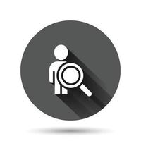 Search job vacancy icon in flat style. Loupe career vector illustration on black round background with long shadow effect. Find people employer circle button business concept.