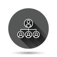 Corporate organization chart with business people vector icon in flat style. People cooperation illustration on black round background with long shadow effect. Teamwork circle button business concept.