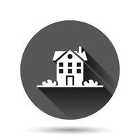 Building icon in flat style. Home vector illustration on black round background with long shadow effect. House circle button business concept.