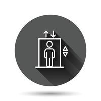 Elevator icon in flat style. Lift vector illustration on black round background with long shadow effect. Passenger transportation circle button business concept.