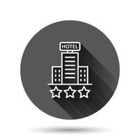 icono de signo de hotel 3 estrellas en estilo plano. posada edificio ilustración vectorial sobre fondo negro redondo con efecto de sombra larga. concepto de negocio de botón de círculo de habitación de albergue. vector