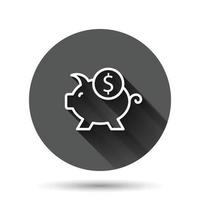 Money box icon in flat style. Pig container vector illustration on black round background with long shadow effect. Piggy bank circle button business concept.