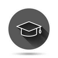 icono de sombrero de graduación en estilo plano. ilustración de vector de gorra de estudiante sobre fondo redondo negro con efecto de sombra larga. concepto de negocio de botón de círculo universitario.