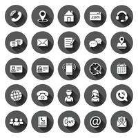 Contact icon set in flat style. Phone communication vector illustration on black round background with long shadow effect. Website equipment circle button business concept.
