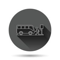 Bus station icon in flat style. Auto stop vector illustration on black round background with long shadow effect. Autobus vehicle circle button business concept.