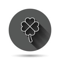 Four leaf clover icon in flat style. St Patricks Day vector illustration on black round background with long shadow effect. Flower shape circle button business concept.