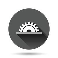 Saw blade icon in flat style. Circular machine vector illustration on black round background with long shadow effect. Rotary disc circle button business concept.