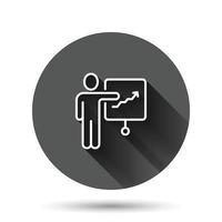 People with growth arrow icon in flat style. Work strategy vector illustration on black round background with long shadow effect. Office training circle button business concept.