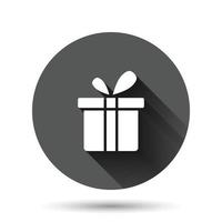 Gift box icon in flat style. Present package vector illustration on black round background with long shadow effect. Surprise circle button business concept.