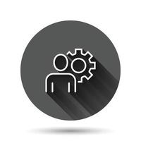 People with gear icon in flat style. Person cogwheel vector illustration on black round background with long shadow effect. Teamwork circle button business concept.