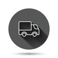 Delivery truck icon in flat style. Van vector illustration on black round background with long shadow effect. Cargo car circle button business concept.