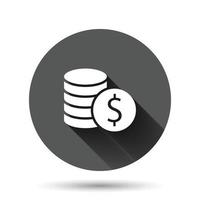 Coins stack icon in flat style. Dollar coin vector illustration on black round background with long shadow effect. Money stacked circle button business concept.