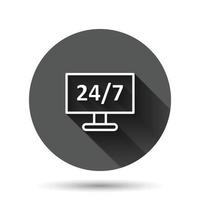 24 7 computer icon in flat style. All day service vector illustration on black round background with long shadow effect. Support circle button business concept.