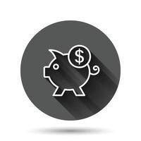 Money box icon in flat style. Pig container vector illustration on black round background with long shadow effect. Piggy bank circle button business concept.