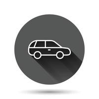 icono de coche en estilo plano. ilustración de vector de vehículo de automóvil sobre fondo redondo negro con efecto de sombra larga. concepto de negocio de botón de círculo de sedán.