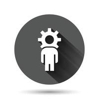 People with gear icon in flat style. Person cogwheel vector illustration on black round background with long shadow effect. Teamwork circle button business concept.