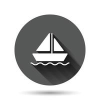 Tourism ship icon in flat style. Fishing boat vector illustration on black round background with long shadow effect. Tanker destination circle button business concept.