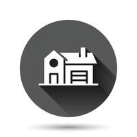 Building icon in flat style. Home vector illustration on black round background with long shadow effect. House circle button business concept.