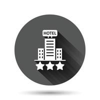 icono de signo de hotel 3 estrellas en estilo plano. posada edificio ilustración vectorial sobre fondo negro redondo con efecto de sombra larga. concepto de negocio de botón de círculo de habitación de albergue. vector