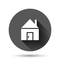 Building icon in flat style. Home vector illustration on black round background with long shadow effect. House circle button business concept.