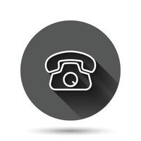 Mobile phone icon in flat style. Telephone talk vector illustration on black round background with long shadow effect. Hotline contact circle button business concept.