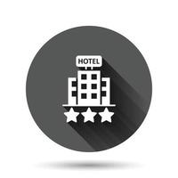 icono de signo de hotel 3 estrellas en estilo plano. posada edificio ilustración vectorial sobre fondo negro redondo con efecto de sombra larga. concepto de negocio de botón de círculo de habitación de albergue. vector