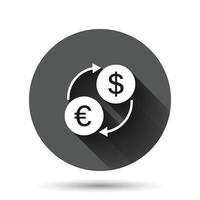 Currency exchange icon in flat style. Dollar euro transfer vector illustration on black round background with long shadow effect. Financial process circle button business concept.