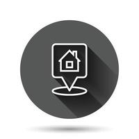 Home pin icon in flat style. House navigation vector illustration on black round background with long shadow effect. Locate position circle button business concept.