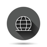 Earth planet icon in flat style. Globe geographic vector illustration on black round background with long shadow effect. Global communication circle button business concept.