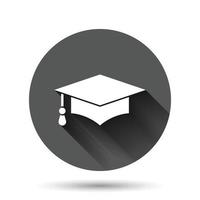 icono de sombrero de graduación en estilo plano. ilustración de vector de gorra de estudiante sobre fondo redondo negro con efecto de sombra larga. concepto de negocio de botón de círculo universitario.