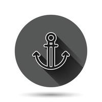 icono de ancla de barco en estilo plano. ilustración de vector de gancho de buque sobre fondo redondo negro con efecto de sombra larga. concepto de negocio de botón de círculo de equipo de barco.