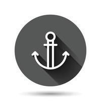 icono de ancla de barco en estilo plano. ilustración de vector de gancho de buque sobre fondo redondo negro con efecto de sombra larga. concepto de negocio de botón de círculo de equipo de barco.