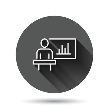 People on podium icon in flat style. Speaker vector illustration on black round background with long shadow effect. Audience orator circle button business concept.