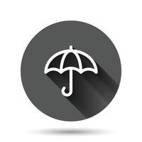 Umbrella icon in flat style. Parasol vector illustration on black round background with long shadow effect. Canopy circle button business concept.