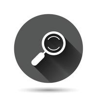 Loupe sign icon in flat style. Magnifier vector illustration on black round background with long shadow effect. Search circle button business concept.