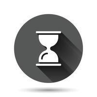 icono de reloj de arena en estilo plano. ilustración de vector de reloj de arena sobre fondo redondo negro con efecto de sombra larga. concepto de negocio de botón de círculo de reloj.