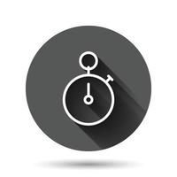 Clock icon in flat style. Watch vector illustration on black round background with long shadow effect. Timer circle button business concept.