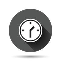 Clock icon in flat style. Watch vector illustration on black round background with long shadow effect. Timer circle button business concept.