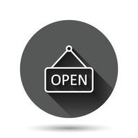 Open sign icon in flat style. Accessibility vector illustration on black round background with long shadow effect. Message circle button business concept.