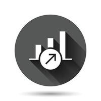 Market trend icon in flat style. Growth arrow with magnifier vector illustration on black round background with long shadow effect. Increase circle button business concept.