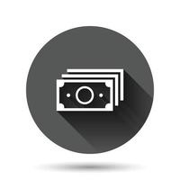 Money stack icon in flat style. Exchange cash vector illustration on black round background with long shadow effect. Banknote bill circle button business concept.