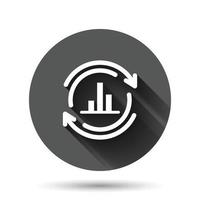 Growing bar graph icon in flat style. Increase arrow vector illustration on black round background with long shadow effect. Infographic progress circle button business concept.