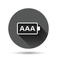 AAA battery icon in flat style. Power level vector illustration on black round background with long shadow effect. Lithium accumulator circle button business concept.