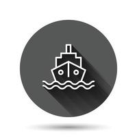 icono de barco de turismo en estilo plano. ilustración de vector de barco de pesca sobre fondo redondo negro con efecto de sombra larga. Concepto de negocio de botón de círculo de destino de petrolero.