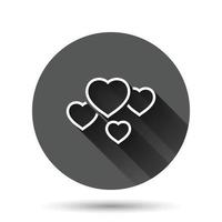 icono del corazón en estilo plano. Ilustración de vector de amor sobre fondo redondo negro con efecto de sombra larga. concepto de negocio de botón de círculo romántico.