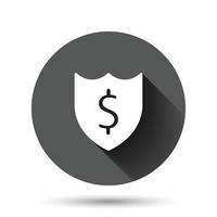 Shield with money icon in flat style. Cash protection vector illustration on black round background with long shadow effect. Banking circle button business concept.